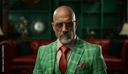 Bald serous aged man in green suit, trendy glasses looking at camera sitting against blurry interior with leather couch and dark green wall. Elegant businessman at home. Successful lawyer at office. photo