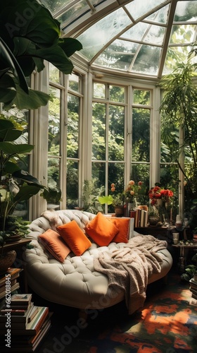 Living room with christmas tree. AI generated art illustration.