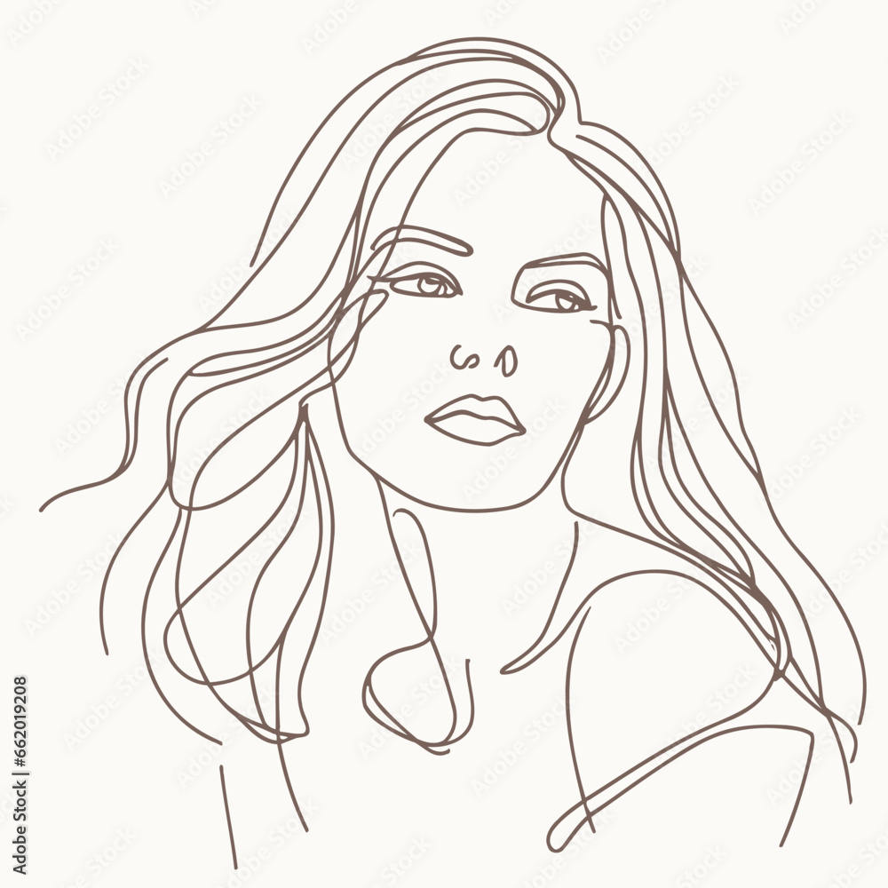Stylish woman portrait. Outline trendy vector illustration. Continuous line drawing, minimalistic concept. Romantic image in pastel watercolor shades Stylish woman portrait. Outline trendy vector illustration. Continuous line drawing, minimalistic concept. Romantic image in pastel watercolor shades
