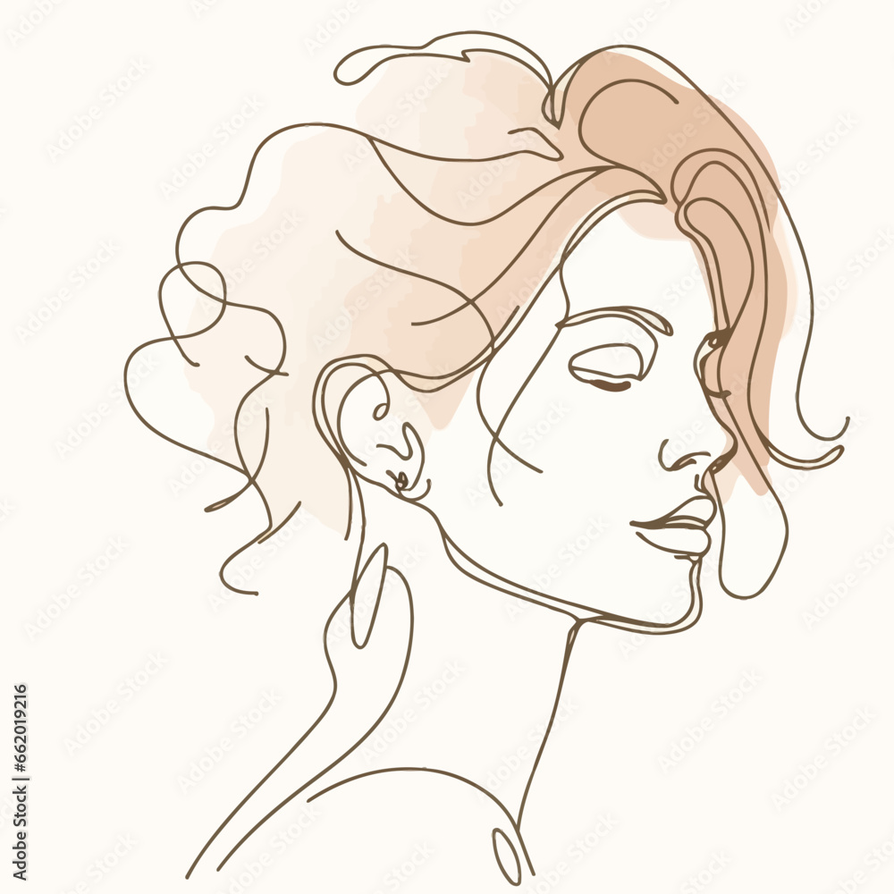 Stylish woman portrait. Outline trendy vector illustration. Continuous line drawing, minimalistic concept. Romantic image in pastel watercolor shades Stylish woman portrait. Outline trendy vector illustration. Continuous line drawing, minimalistic concept. Romantic image in pastel watercolor shades