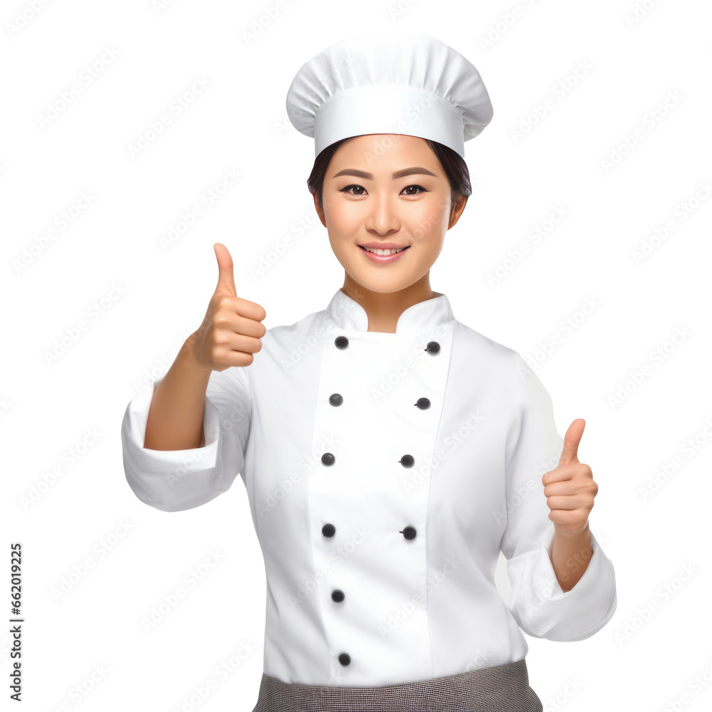 asian woman Chef Holding Thumbs Up With One Hand isolated on transparent background. asian woman Chef Holding Thumbs Up With One Hand isolated on transparent background.