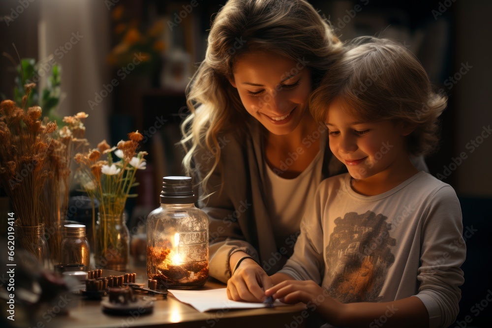 A heartwarming scene of a mother helping her child with a science experiment in their home, showcasing the nurturing and educational aspects of maternal care A heartwarming scene of a mother helping her child with a science experiment in their home, showcasing the nurturing and educational aspects of maternal care