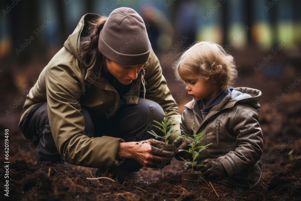A powerful shot of a parent and child planting a tree together, symbolizing the care and responsibility of environmental stewardship passed down through generations A powerful shot of a parent and child planting a tree together, symbolizing the care and responsibility of environmental stewardship passed down through generations