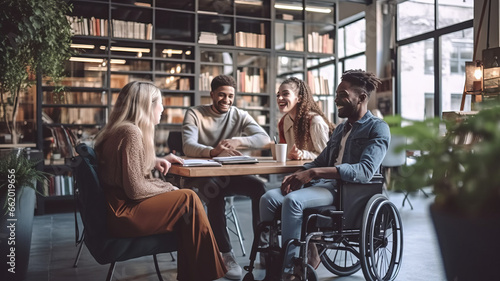 Diverse students, including a young man in a wheelchair, chat in college library.