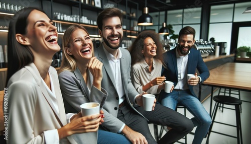 Close-up photo of a group of co-workers  including two women and two men  sharing a light moment during a coffee break.