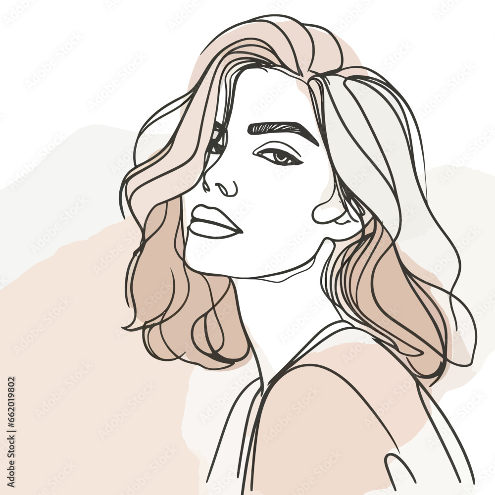 Stylish woman portrait. Outline trendy vector illustration. Continuous line drawing, minimalistic concept. Romantic image in pastel watercolor shades Stylish woman portrait. Outline trendy vector illustration. Continuous line drawing, minimalistic concept. Romantic image in pastel watercolor shades