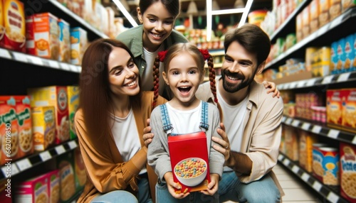 Close-up photo of a family wandering through a supermarket lane.
