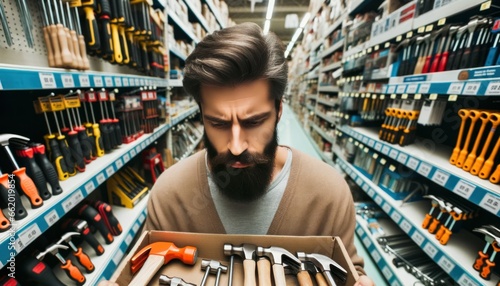 Close-up photo of a man with a beard thoughtfully perusing a selection of hand tools, such as hammers and screwdrivers. photo