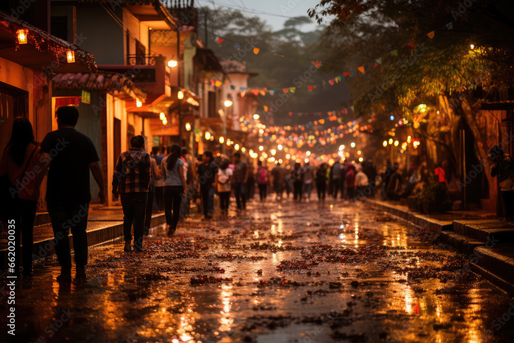 A Las Posadas lantern procession winding through a historical Mexican neighborhood, preserving cultural traditions. Generative Ai.