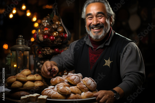 A Las Posadas host serving hot chocolate and sweet bread (pan dulce) to procession participants as a gesture of hospitality. Generative Ai.