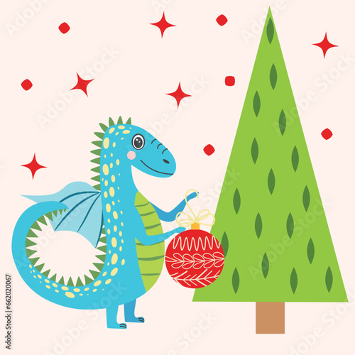 Christmas card with cute green dragon. Year of the Dragon 2024, China