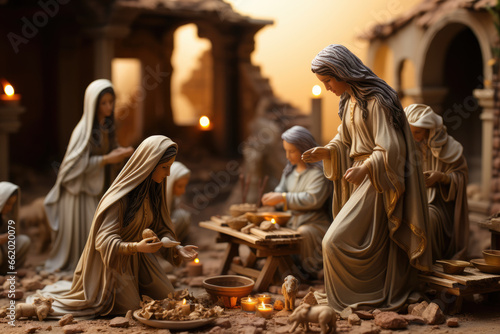 A close-up of a Las Posadas nativity scene with detailed figurines representing the birth of Jesus in Bethlehem. Generative Ai. photo