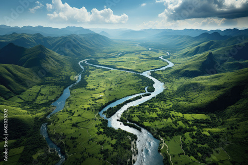 An aerial view of a winding river cutting through a lush valley, showcasing the beauty of natural geography. Concept of river landscapes. Generative Ai.