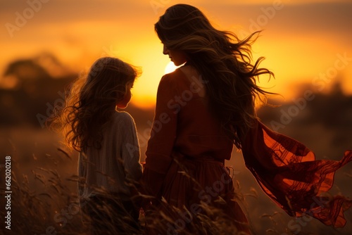 An artistic representation of a mother and child in silhouette, with the setting sun behind them, symbolizing the love and care that transcends time and generations