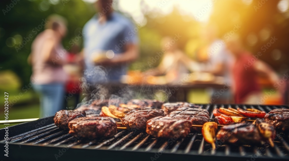 Close-up shot of a grill with meat, with blurred people in the background