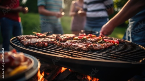 Close-up shot of a grill with meat, with blurred people in the background