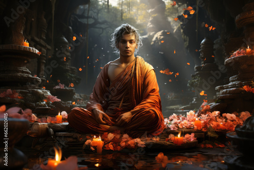 A Bodhi Day-themed artwork featuring Siddhartha Gautama's journey towards enlightenment. Generative Ai.