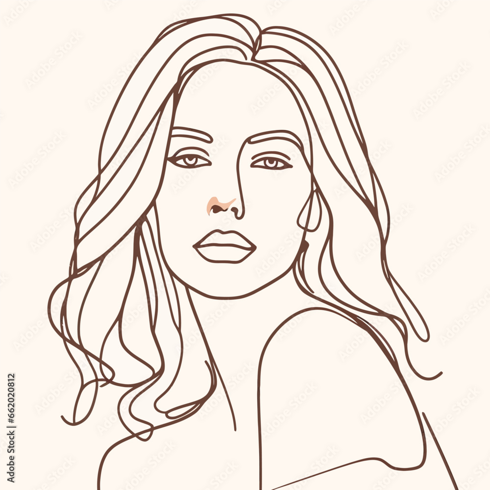 Stylish woman portrait. Outline trendy vector illustration. Continuous line drawing, minimalistic concept. Romantic image in pastel watercolor shades Stylish woman portrait. Outline trendy vector illustration. Continuous line drawing, minimalistic concept. Romantic image in pastel watercolor shades