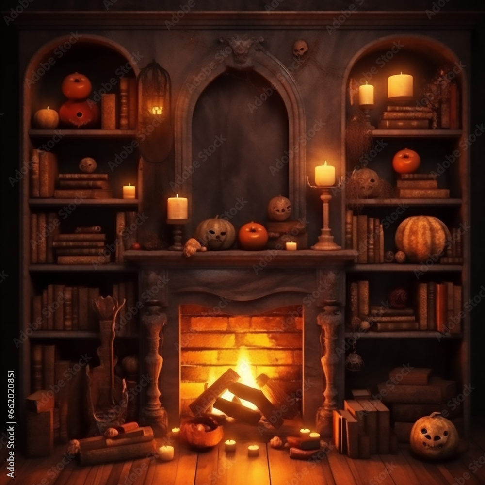 fireplace  with pumpking and candles