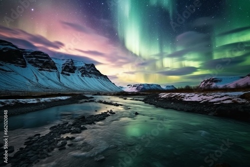 Majestic aurora-filled sky above rugged landscape. Generative AI © Khaled