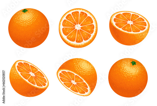 Orange fruit. Set of oranges isolated on a white background. A whole orange, cut in half.