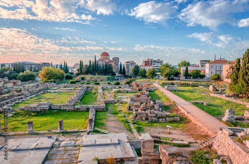 The archaeological site of the Kerameikos, the cemetery of ancient Athens, Greece. The orthodox church of Holy trinity is in the background. photo