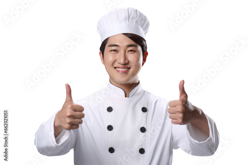 asian man Chef Holding Thumbs Up With One Hand isolated on transparent background