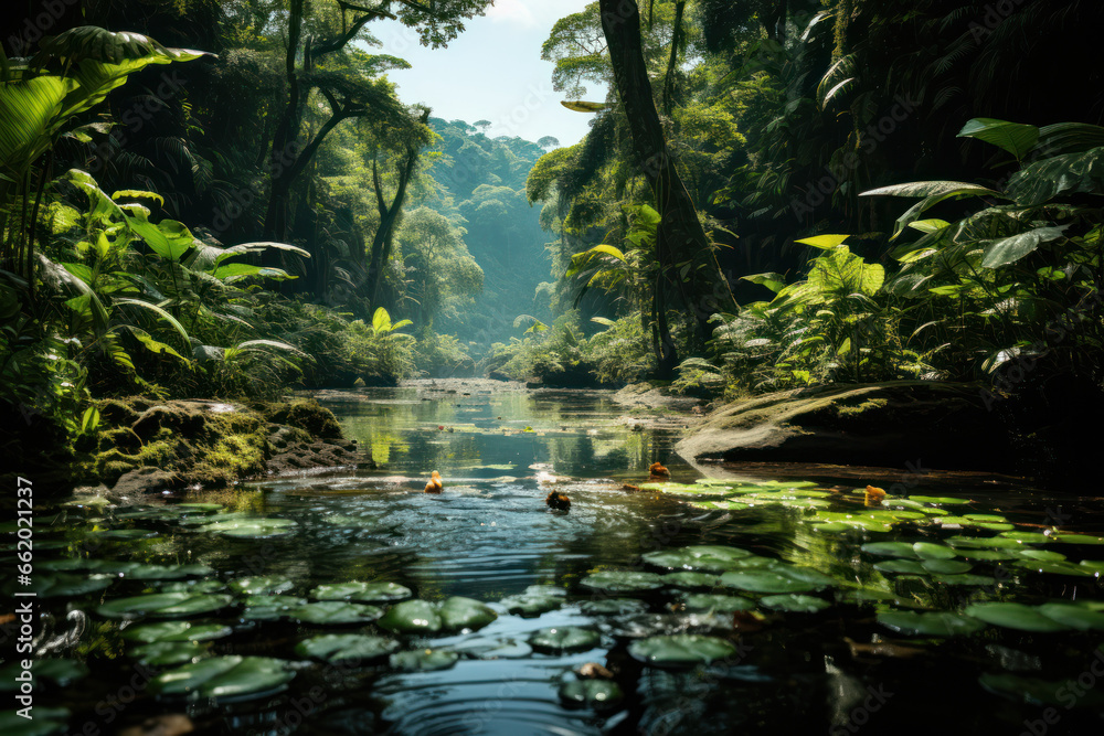 A tropical rainforest teeming with biodiversity, showcasing the variety of species in these ecosystems. Concept of biodiversity. Generative Ai.