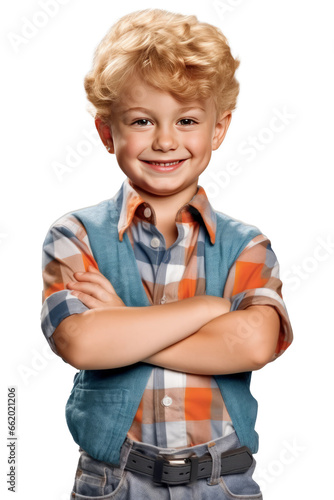 Laugh, portrait of boy with arms crossed and isolated on transparent png background