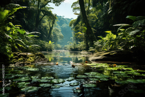 A tropical rainforest teeming with biodiversity, showcasing the variety of species in these ecosystems. Concept of biodiversity. Generative Ai.
