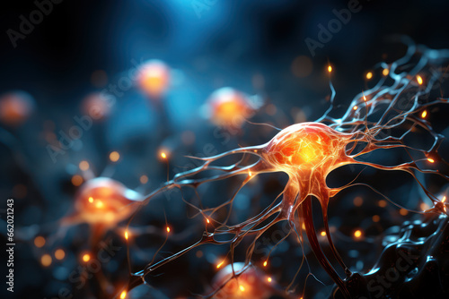 A close-up of a neuron firing in the brain, symbolizing the intricacies of the nervous system. Concept of neurobiology. Generative Ai. photo