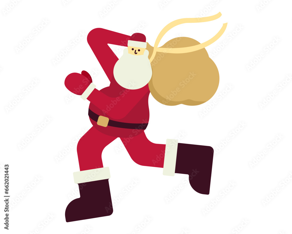 Santa Claus runs with a bag of gifts. New Year character is in hurry in motion. Festive red suit and white beard. Have time to distribute gifts to children. Isolated. Color image. Vector illustration Santa Claus runs with a bag of gifts. New Year character is in hurry in motion. Festive red suit and white beard. Have time to distribute gifts to children. Isolated. Color image. Vector illustration