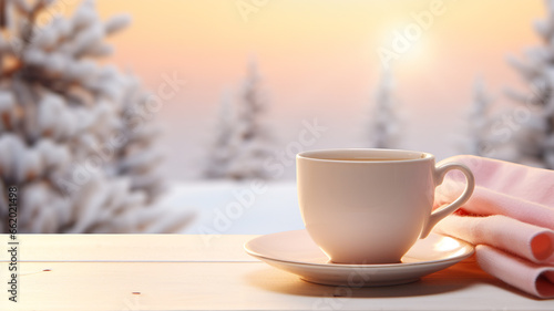 Winter is nature, white snow, winter views. cold and frost, the warmth of home and a cup of hot tea, a special atmosphere, banner background poster copy space greeting card.