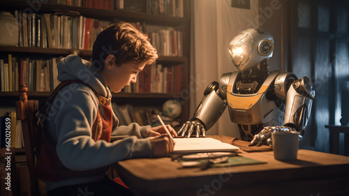 An artificial intelligence robot helps a teenager with homework  they read books together.