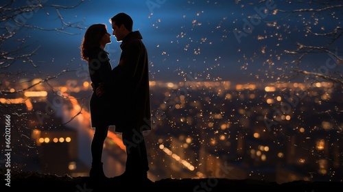 A Romantic Scene with a Couple Against a Night City Background.