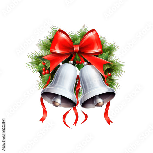 Silver bells adorned with a red ribbon and holly leaves. Isolated white background.