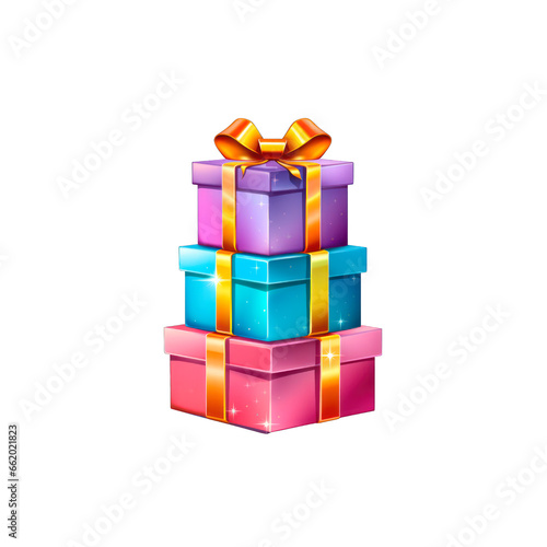 Stacked gift boxes wrapped in colorful paper and shiny ribbons. Isolated white background.