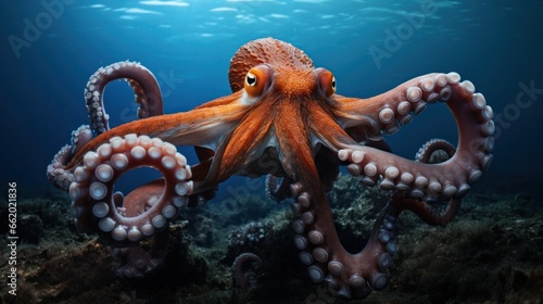 a large octopus swims in the depths of the ocean © olegganko