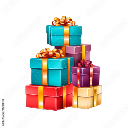 Stacked gift boxes wrapped in colorful paper and shiny ribbons. Isolated white background.