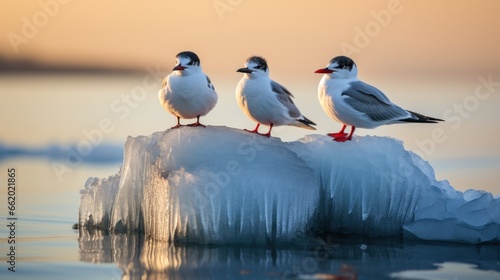 Arctic terns resting on floating ice floe