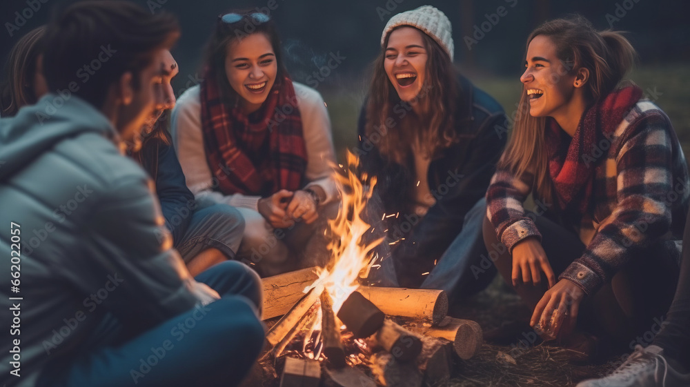 Young friends bonding, laughing around campfire in wilderness. Young friends bonding, laughing around campfire in wilderness.