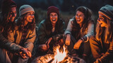 Young friends bonding, laughing around campfire in wilderness.