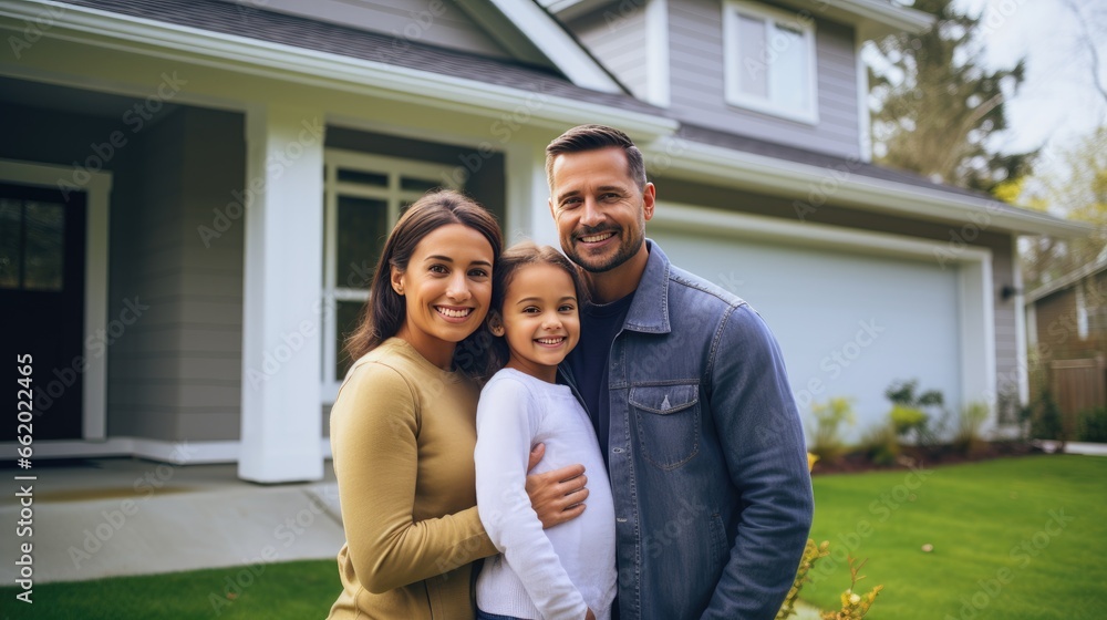 Happy family in front of their new house