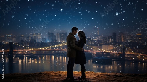 A Romantic Scene with a Couple Against a Night City Background.