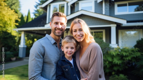 Happy family in front of their new house