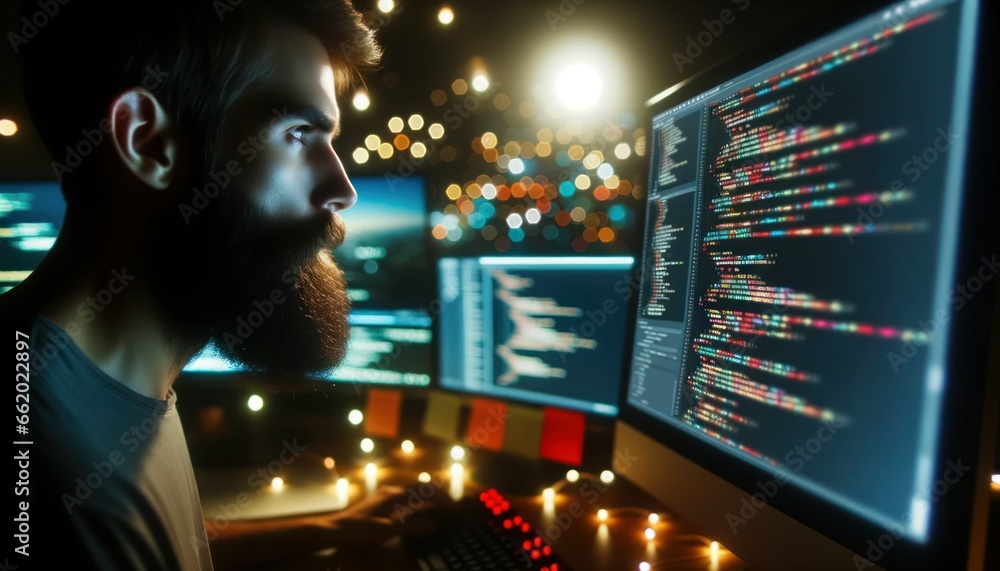 Close-up photo of a software developer with a beard, engrossed in debugging code on his computer. Close-up photo of a software developer with a beard, engrossed in debugging code on his computer.