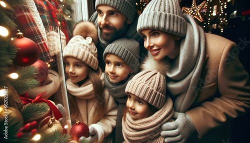 Close-up photo of a family, consisting of parents and two children, all wearing cozy winter clothes including scarves and beanies. © PixelPaletteArt