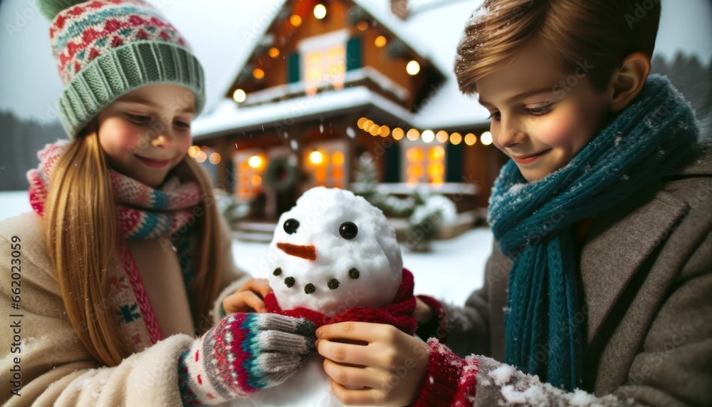 Close-up photo of children, their cheeks rosy from the cold, engrossed in crafting a snowman. Close-up photo of children, their cheeks rosy from the cold, engrossed in crafting a snowman.