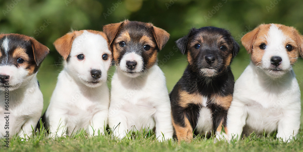 five jack russell x border terrier puppies sitting  - obrazy, fototapety, plakaty 