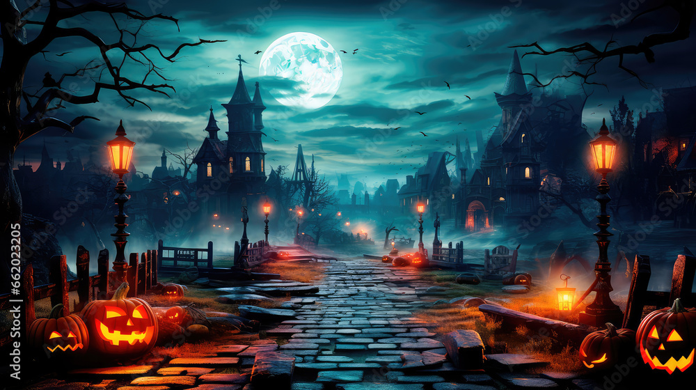 Jack lanterns glowing in the moonlight, in a creepy Halloween night ...